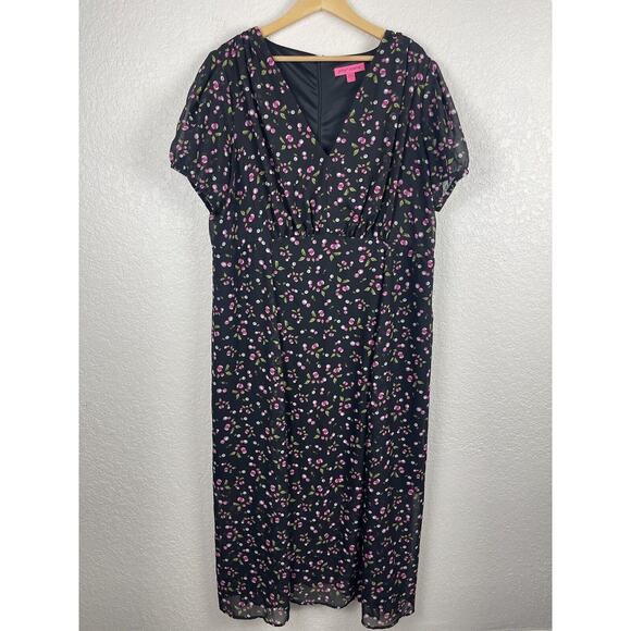 Betsey Johnson Cherry Dress Womens Size 18 Black Maxi Short Sleeve Plunge V-Neck - Picture 1 of 8